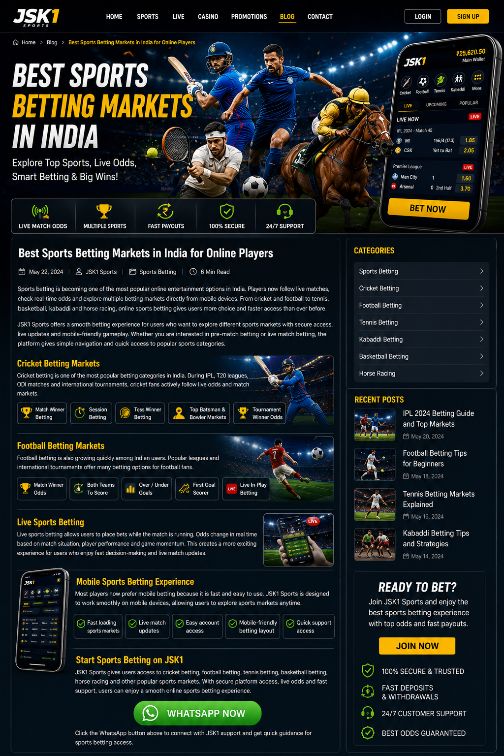Best Sports Betting Markets in India | Cricket, Football & Live Betting - JSK1